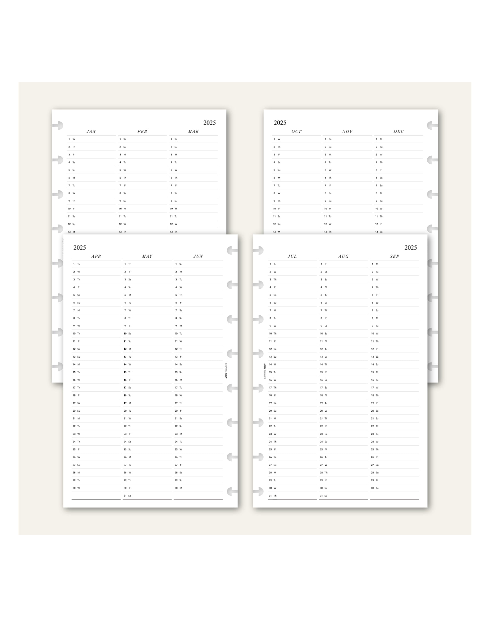 2025 Vertical Calendar | Quarterly | Yearly | Monthly | Planner Inserts
