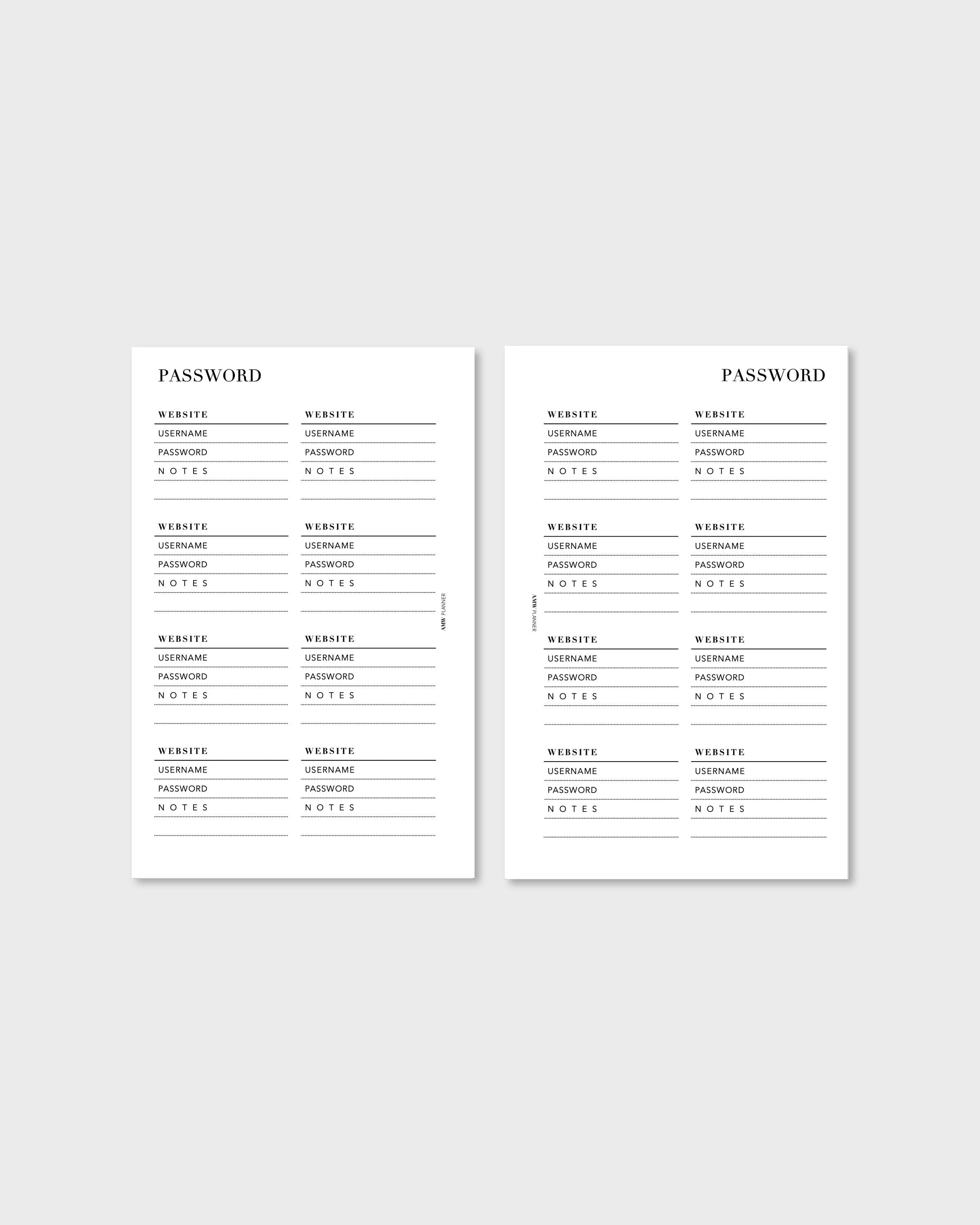 Password Keeper Planner Inserts